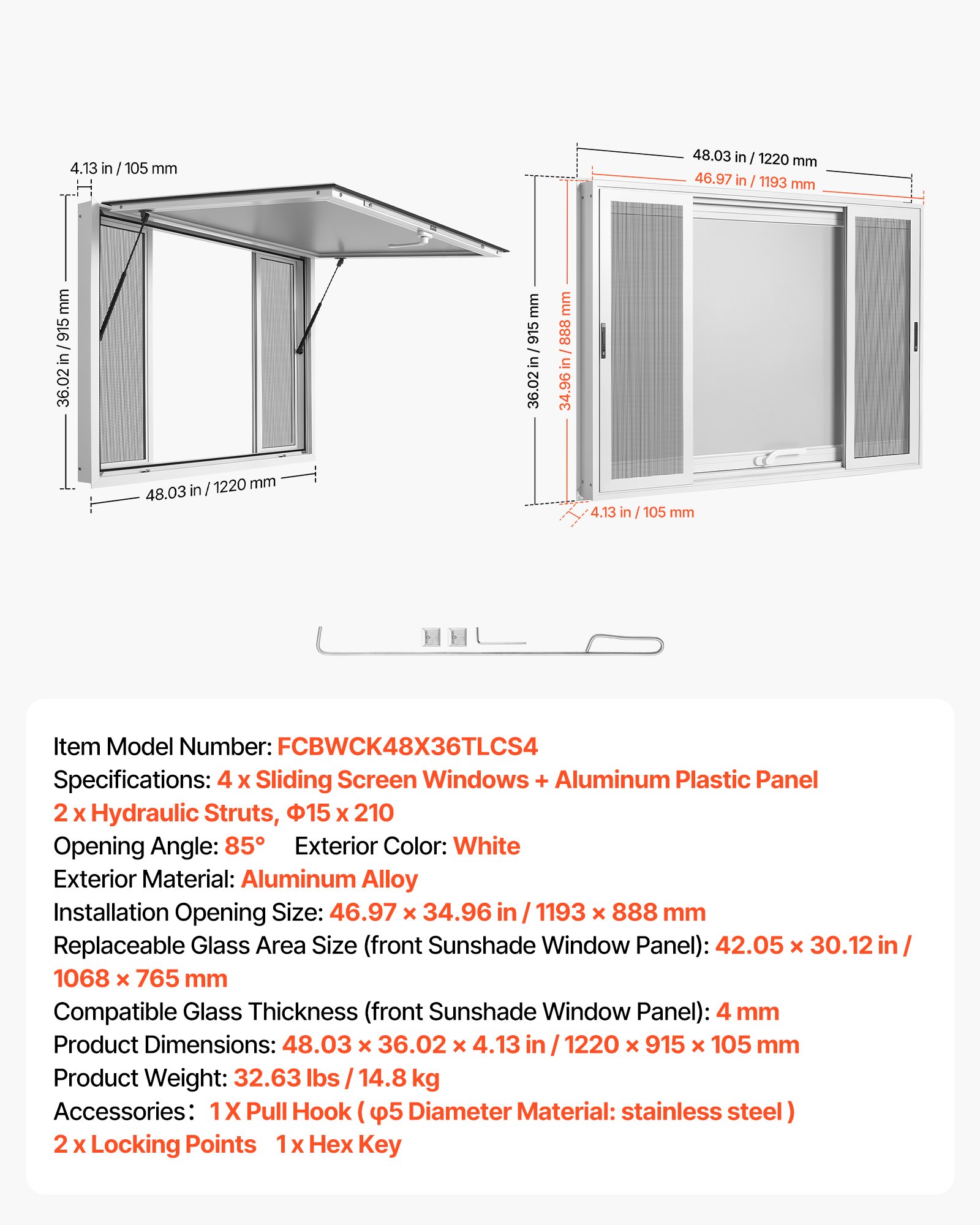 VEVOR Finestra per Punto Vendita 122x91,5cm con Tendalino 4 Zanzariere Angolo Apertura 85°, Sportello di Servizio Food Truck, 4 Pannelli Scorrevoli Rimovibili, Sponda Idraulica, Lega di Alluminio