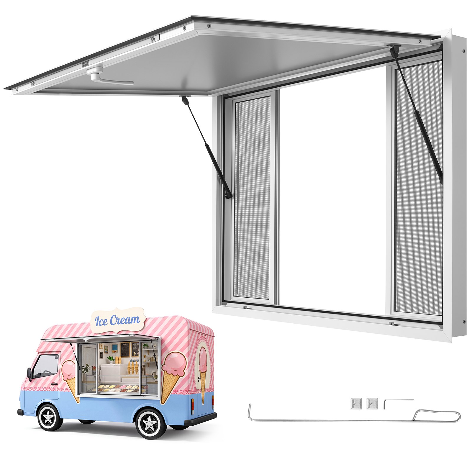 VEVOR Finestra per Punto Vendita 122x91,5cm con Tendalino 4 Zanzariere Angolo Apertura 85°, Sportello di Servizio Food Truck, 4 Pannelli Scorrevoli Rimovibili, Sponda Idraulica, Lega di Alluminio