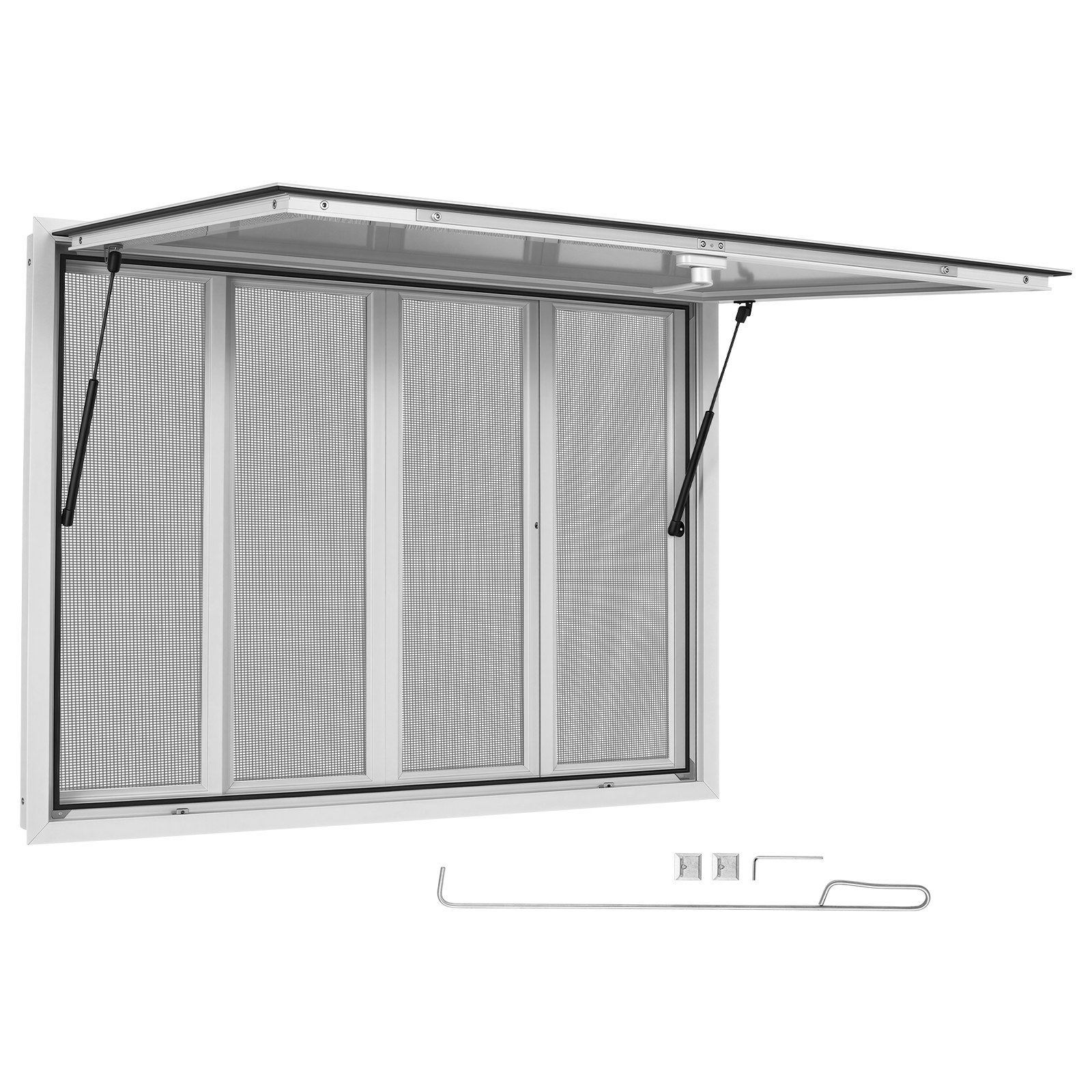 VEVOR Finestra per Punto Vendita 122x91,5cm con Tendalino 4 Zanzariere Angolo Apertura 85°, Sportello di Servizio Food Truck, 4 Pannelli Scorrevoli Rimovibili, Sponda Idraulica, Lega di Alluminio