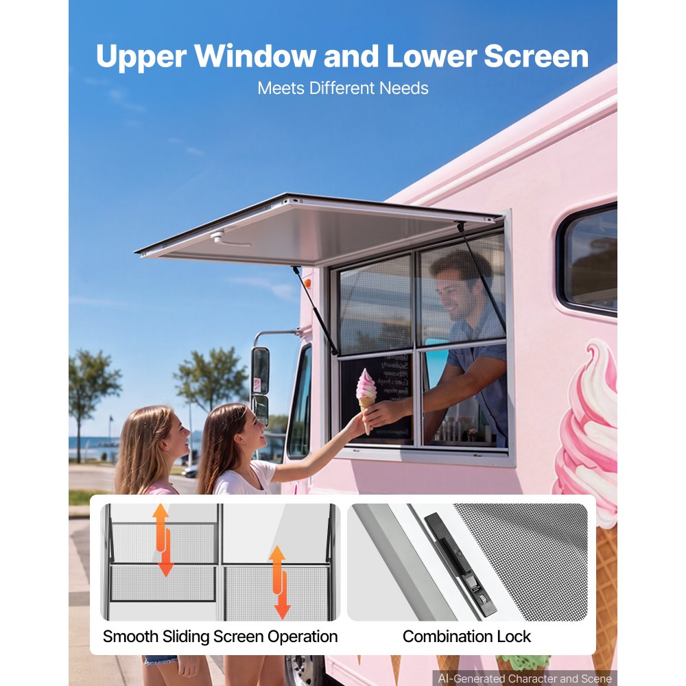 VEVOR Finestra di Servizio Furgone di Vendita 1220 x 915 mm Apertura 85°, Materiale in Lega di Alluminio, Sportello con Tendalino, Food Truck, Resistente alla Pioggia, 2 Finestre Fisse 2 Scorrevoli