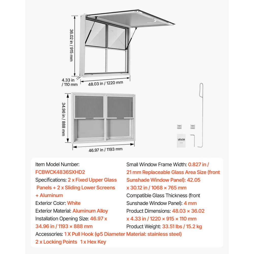 VEVOR Finestra di Servizio Furgone di Vendita 1220 x 915 mm Apertura 85°, Materiale in Lega di Alluminio, Sportello con Tendalino, Food Truck, Resistente alla Pioggia, 2 Finestre Fisse 2 Scorrevoli