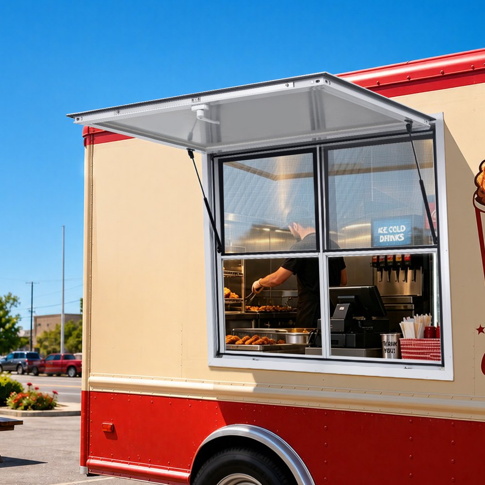 VEVOR Finestra di Servizio Furgone di Vendita 1220 x 915 mm Apertura 85°, Materiale in Lega di Alluminio, Sportello con Tendalino, Food Truck, Resistente alla Pioggia, 2 Finestre Fisse 2 Scorrevoli
