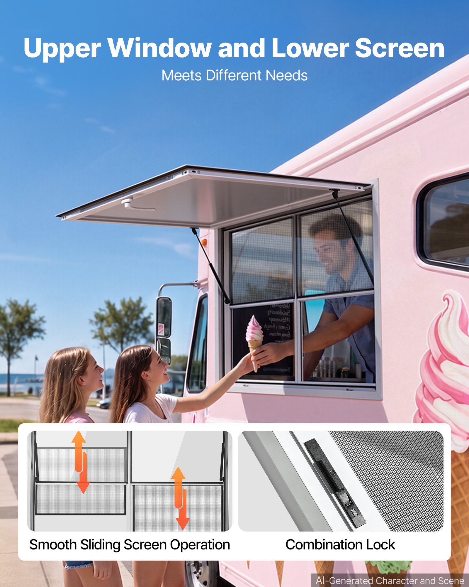 VEVOR Finestra di Servizio Furgone di Vendita 1220 x 915 mm Apertura 85°, Materiale in Lega di Alluminio, Sportello con Tendalino, Food Truck, Resistente alla Pioggia, 2 Finestre Fisse 2 Scorrevoli