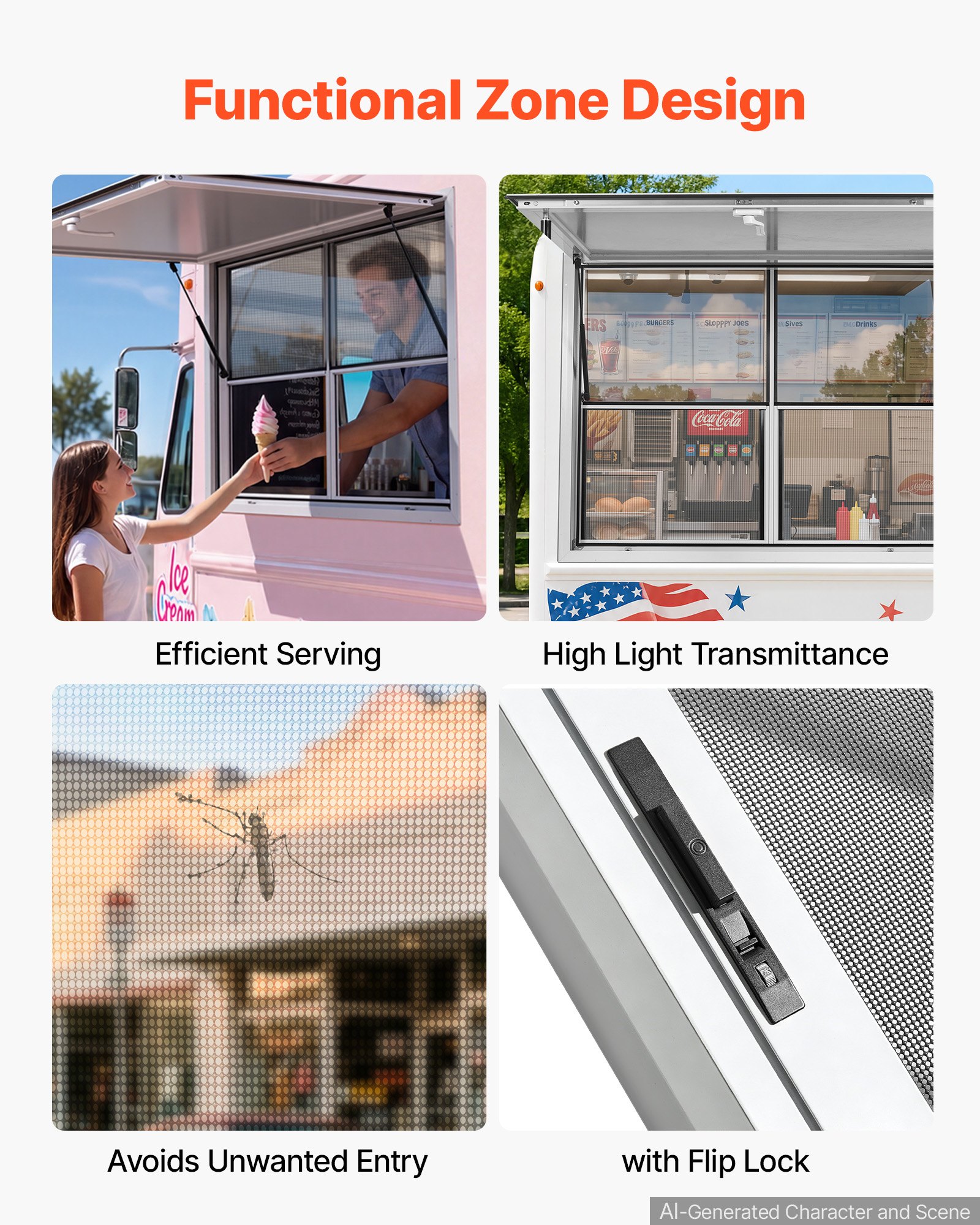 VEVOR Finestra di Servizio Furgone di Vendita 1220 x 915 mm Apertura 85°, Materiale in Lega di Alluminio, Sportello con Tendalino, Food Truck, Resistente alla Pioggia, 2 Finestre Fisse 2 Scorrevoli