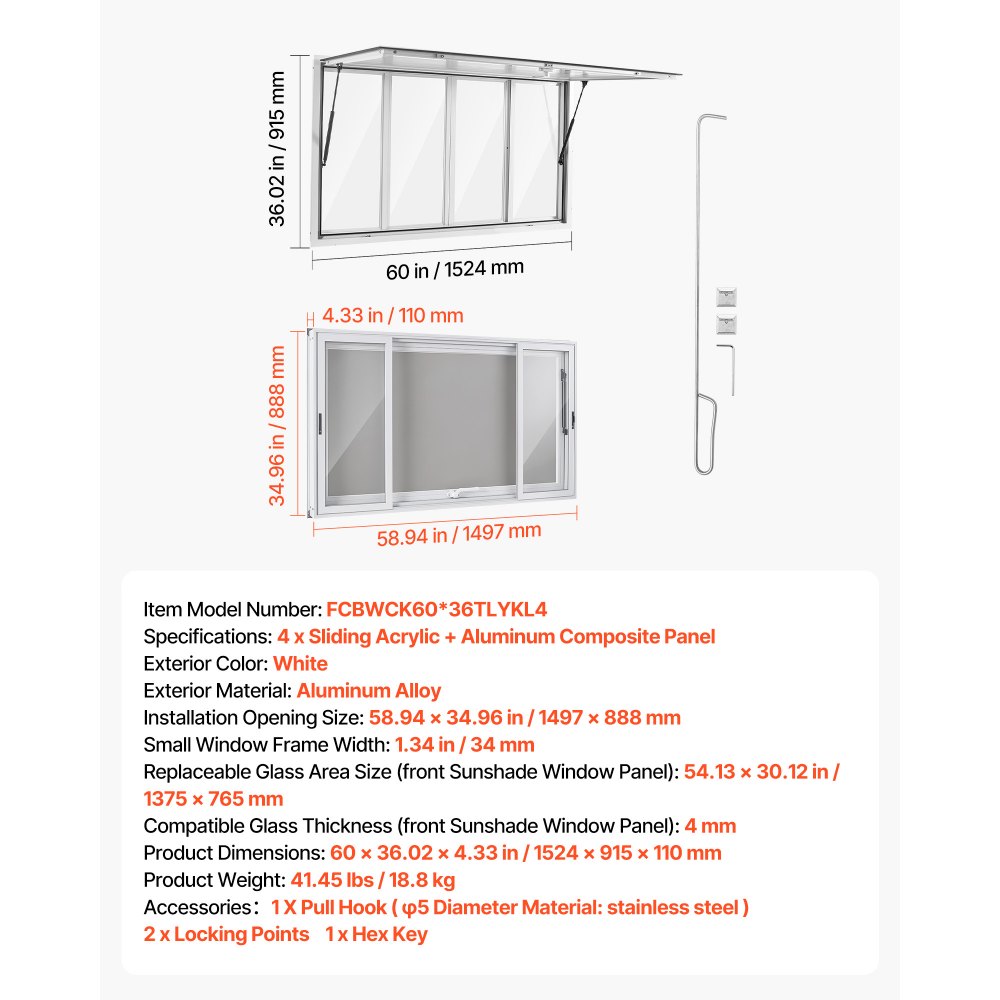 VEOVR Finestra di Servizio per Camion Food Truck 1524x915mm con Tendalino, 4 Finestre Scorrevoli in Acrilico, Lega di Alluminio, Inclinazione max 85 Gradi, Resistente alla Pioggia, Gancio di Traino