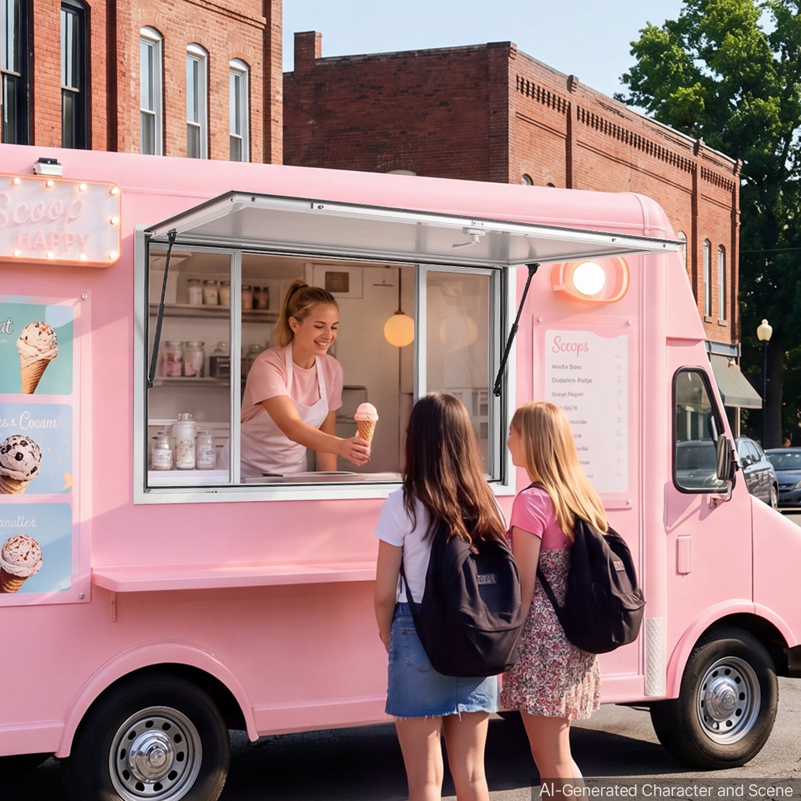 VEOVR Finestra di Servizio per Camion Food Truck 1524x915mm con Tendalino, 4 Finestre Scorrevoli in Acrilico, Lega di Alluminio, Inclinazione max 85 Gradi, Resistente alla Pioggia, Gancio di Traino
