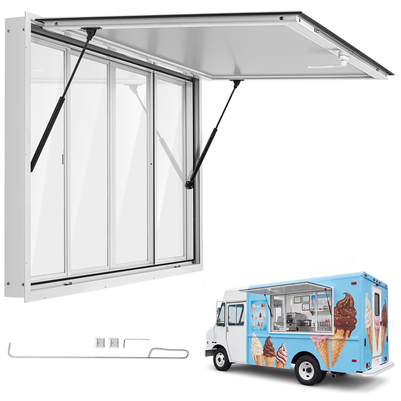 VEOVR Finestra di Servizio per Camion Food Truck 1524x915mm con Tendalino, 4 Finestre Scorrevoli in Acrilico, Lega di Alluminio, Inclinazione max 85 Gradi, Resistente alla Pioggia, Gancio di Traino