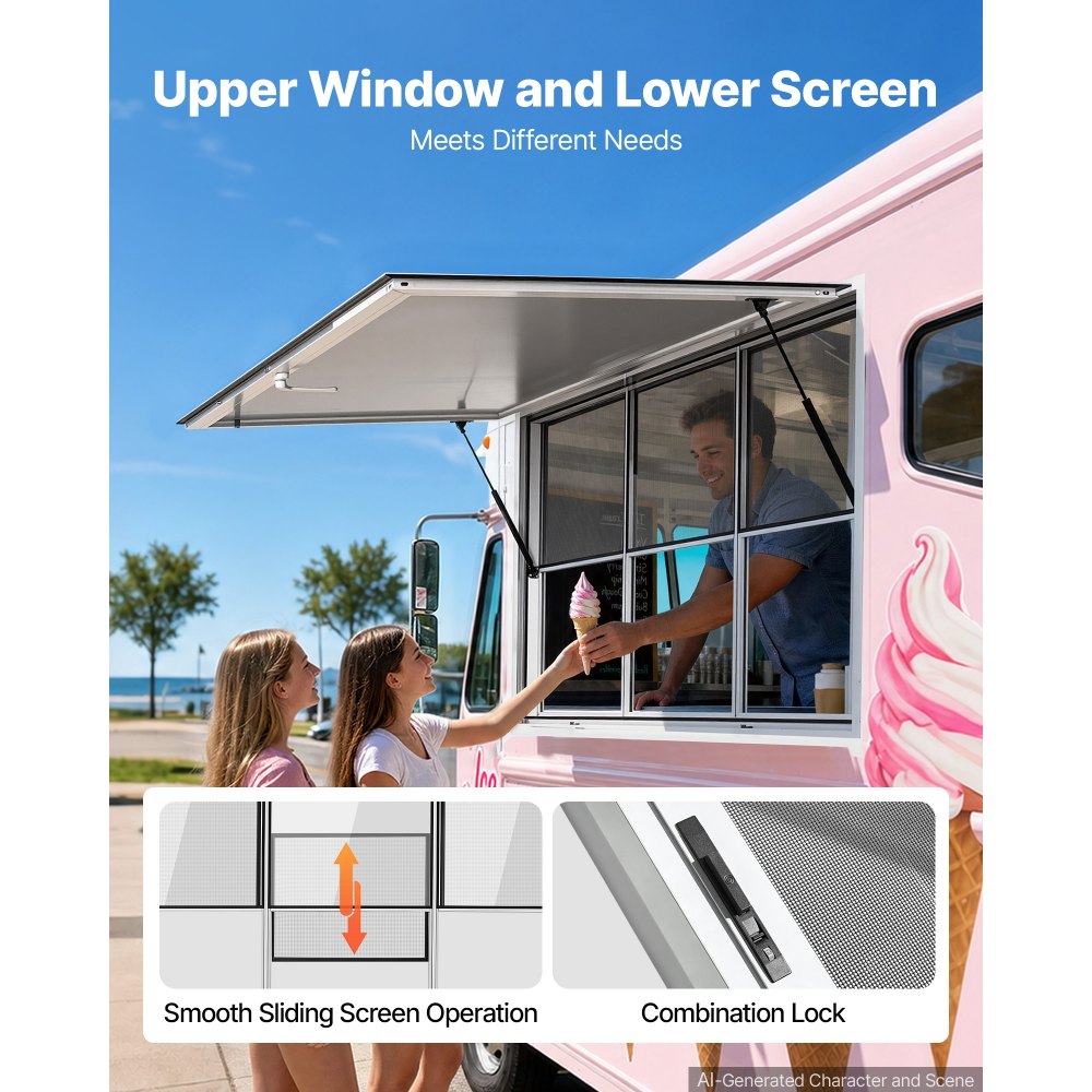 VEVOR Finestra di Servizio Furgone di Vendita 1626 x 1016 mm Apertura 85°, Materiale in Lega di Alluminio, Sportello con Tendalino, Food Truck, Resistente alla Pioggia, 3 Finestre Fisse 3 Scorrevoli