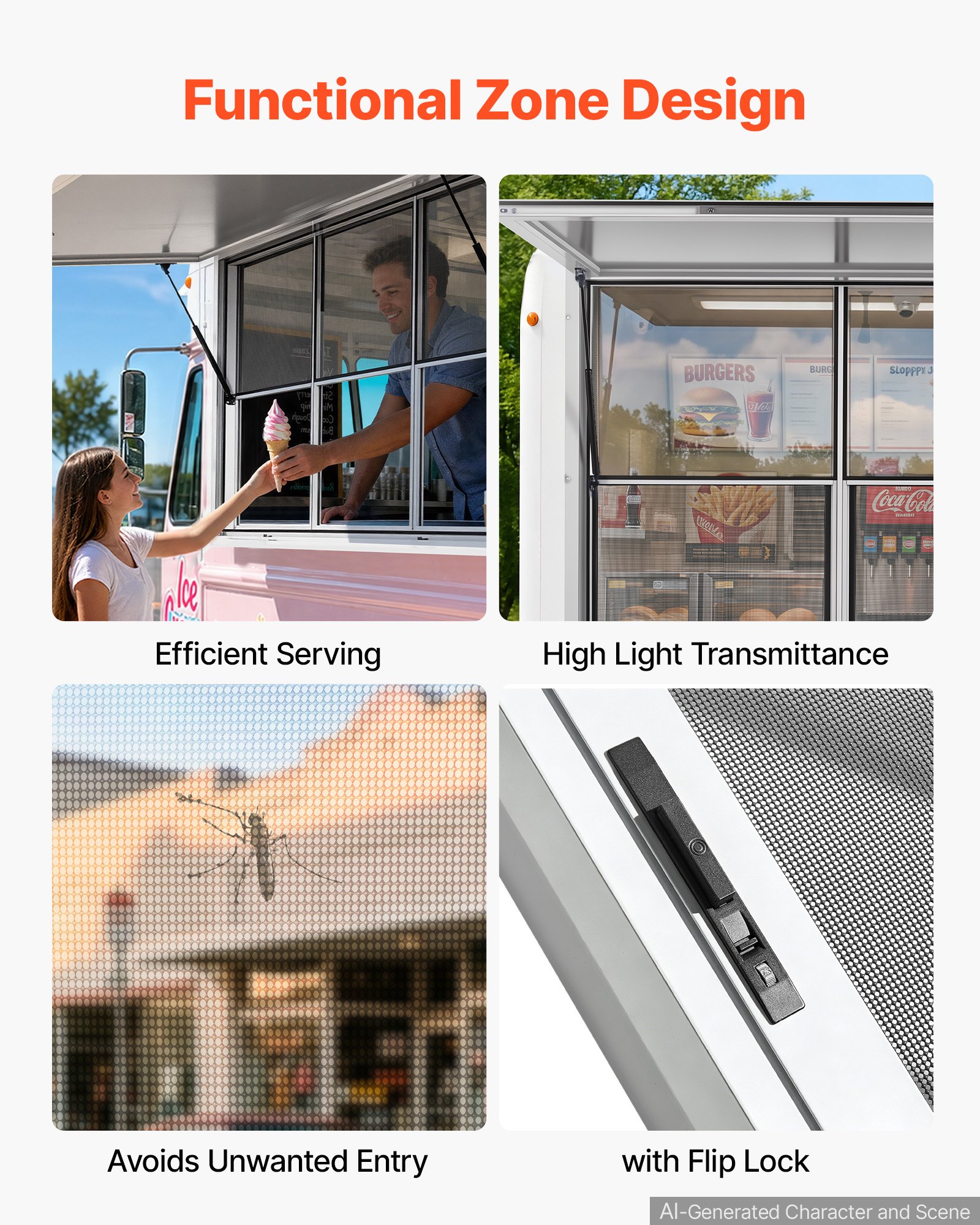 VEVOR Finestra di Servizio Furgone di Vendita 1626 x 1016 mm Apertura 85°, Materiale in Lega di Alluminio, Sportello con Tendalino, Food Truck, Resistente alla Pioggia, 3 Finestre Fisse 3 Scorrevoli