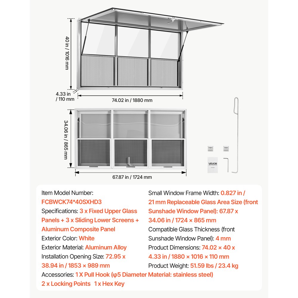 VEVOR Concession Window 1880x1016mm Aluminum Alloy Service Window, for Food Truck, Up to 85 Degrees Stand Serving w/ 3 Fixed & 3 Sliding  Windows, Awning Door and Drag Hook, Rainwater Resistant