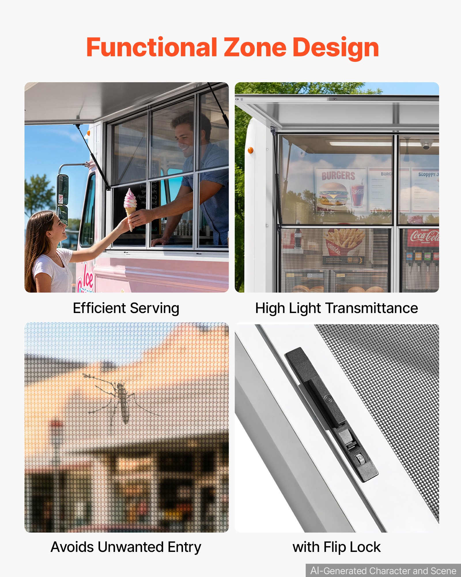 VEVOR Concession Window 1880x1016mm Aluminum Alloy Service Window, for Food Truck, Up to 85 Degrees Stand Serving w/ 3 Fixed & 3 Sliding  Windows, Awning Door and Drag Hook, Rainwater Resistant