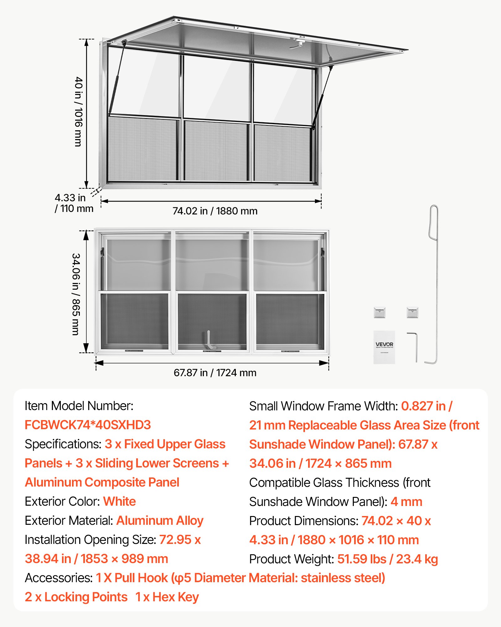 VEVOR Concession Window 1880x1016mm Aluminum Alloy Service Window, for Food Truck, Up to 85 Degrees Stand Serving w/ 3 Fixed & 3 Sliding  Windows, Awning Door and Drag Hook, Rainwater Resistant