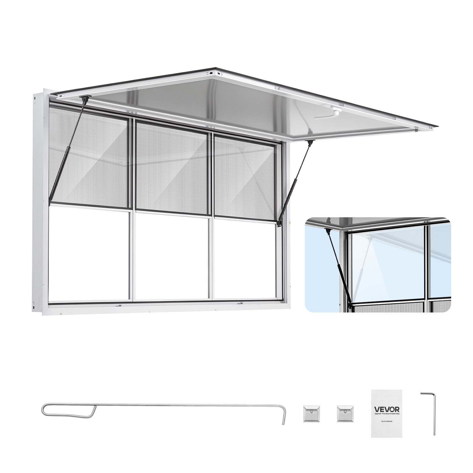 VEVOR Concession Window 1880x1016mm Aluminum Alloy Service Window, for Food Truck, Up to 85 Degrees Stand Serving w/ 3 Fixed & 3 Sliding  Windows, Awning Door and Drag Hook, Rainwater Resistant