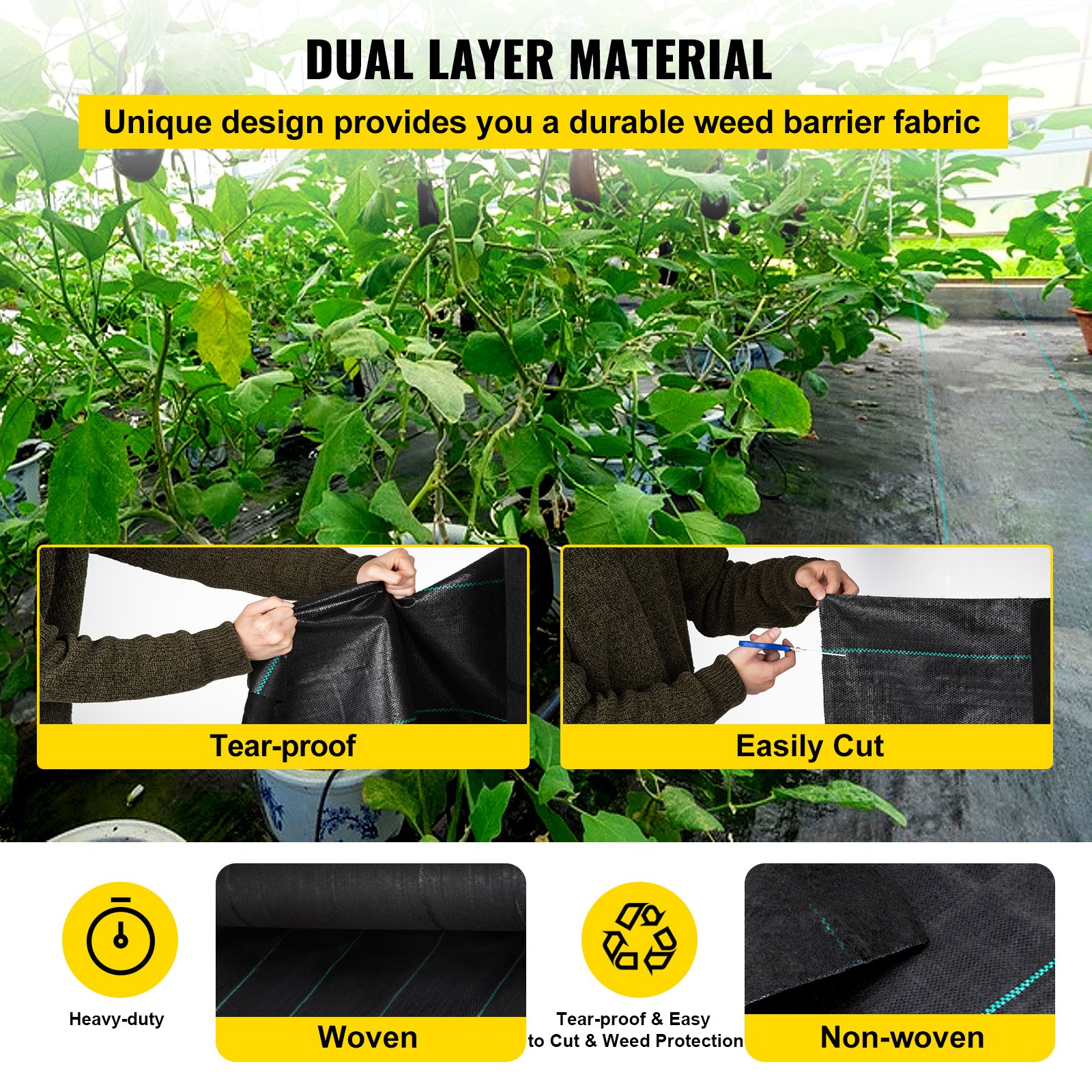 VEVOR Barriera contro le Erbacce, Tessuto Paesaggistico da 5,8 Once, Geotessile di Controllo dell'Erba Intrecciato Resistente 4ft x 300ft per Giardino, Patio, Nero