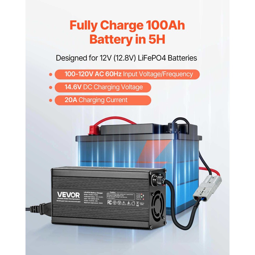 VEVOR 12V 20A Lithium Battery Charger, 14.6V, AC-DC LiFePO4 Smart Charger, with Anderson Connector, LED Indicator, 0V Activation, for Lithium LiFePO4 Deep Cycle Rechargeable Batteries of Boat, RV