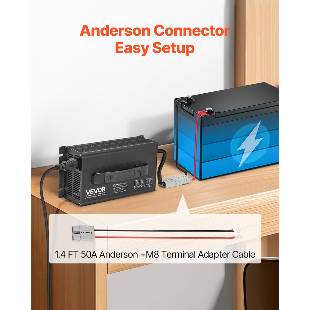 VEVOR 24V 20A Lithium Battery Charger, 29.2V, AC-DC LiFePO4 Smart Charger, with Anderson Connector, LED Indicator, 0V Activation, for Lithium LiFePO4 Deep Cycle Rechargeable Batteries of Boat, RV