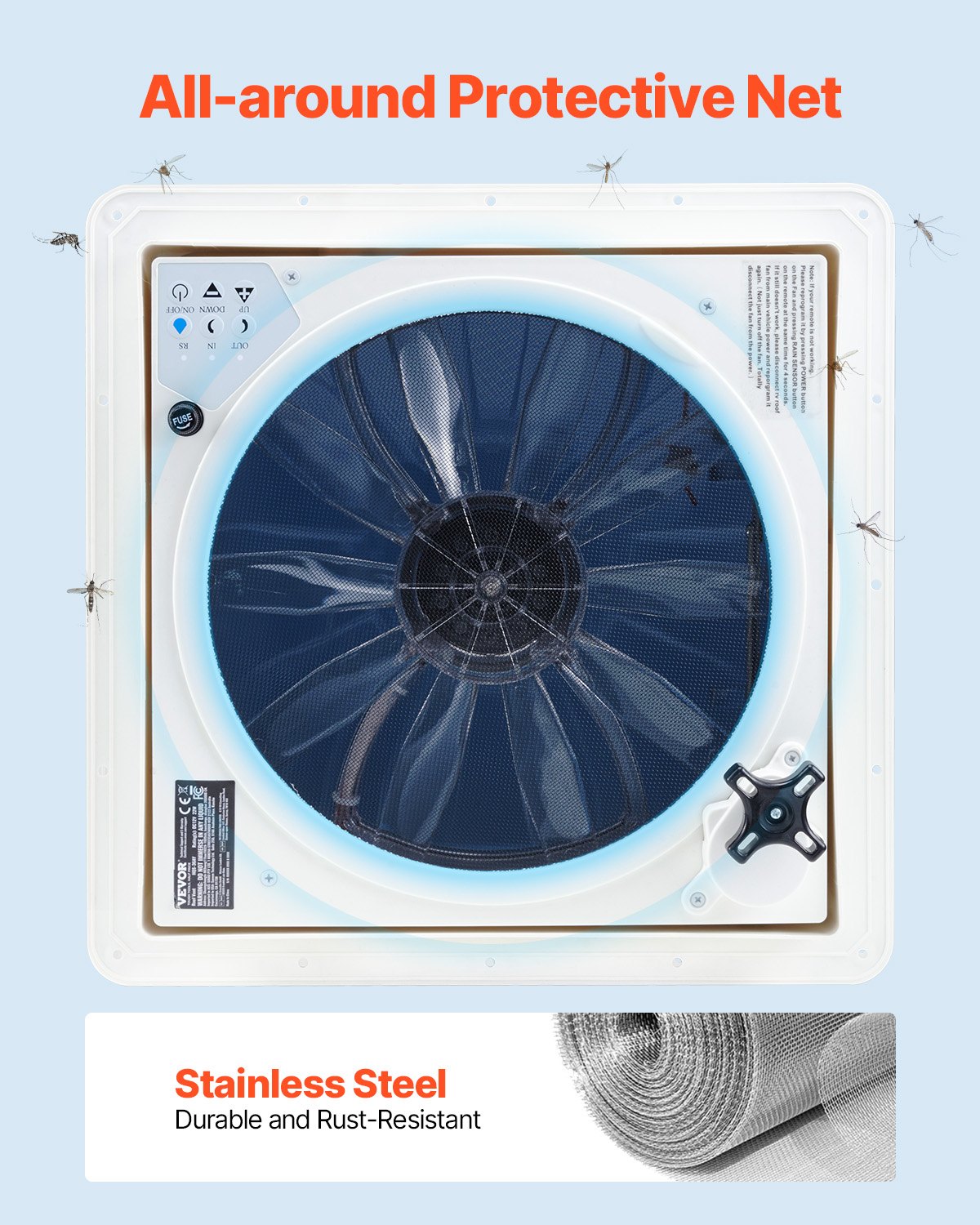 VEVOR Ventilatore di Sfiato per Camper da 35,6 cm 12 V Ventilatore da Tetto per Camper, 10 Velocità con Telecomando, Motore CC Integrato, Coperchio Superiore Elettrico, Pala del Ventilatore da 30,5 cm