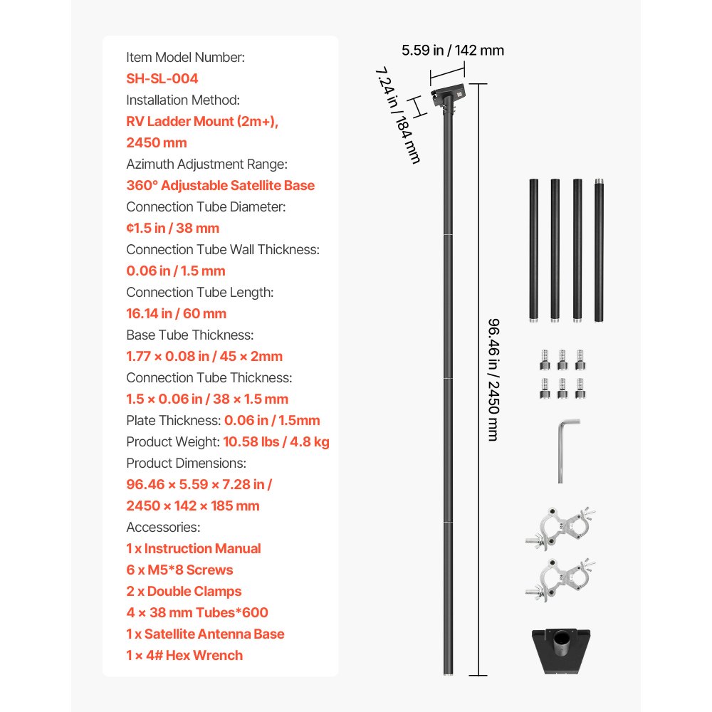 VEVOR Supporto per Palo per Camper Starlink, Angolo di Montaggio Regolabile a 360°, Kit Tubi Gen 3 Standard, Adattatore per Scala per Camper Starlink Extra Lungo in Acciaio, Compatibile con Gen3 e V3