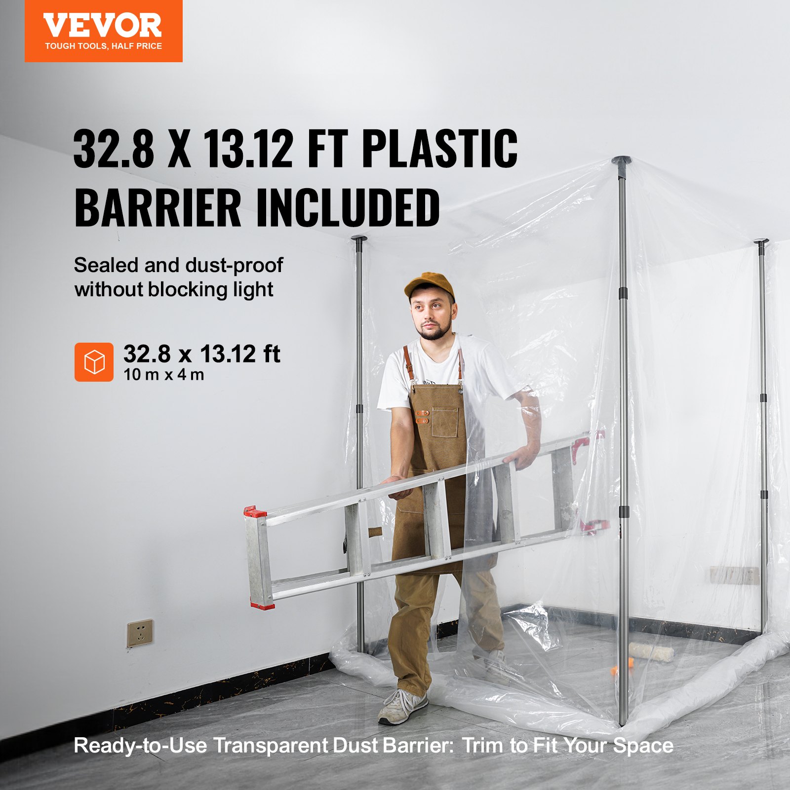 VEVOR Dust Protection Poles, Dust Protection System, Dust Protection Wall with 4 Telescopic Poles & Carrying Bag, 4 Height Adjustable Max. 3 m, 10 x 4 m Plastic Film, for Interior Decoration and Painting Work