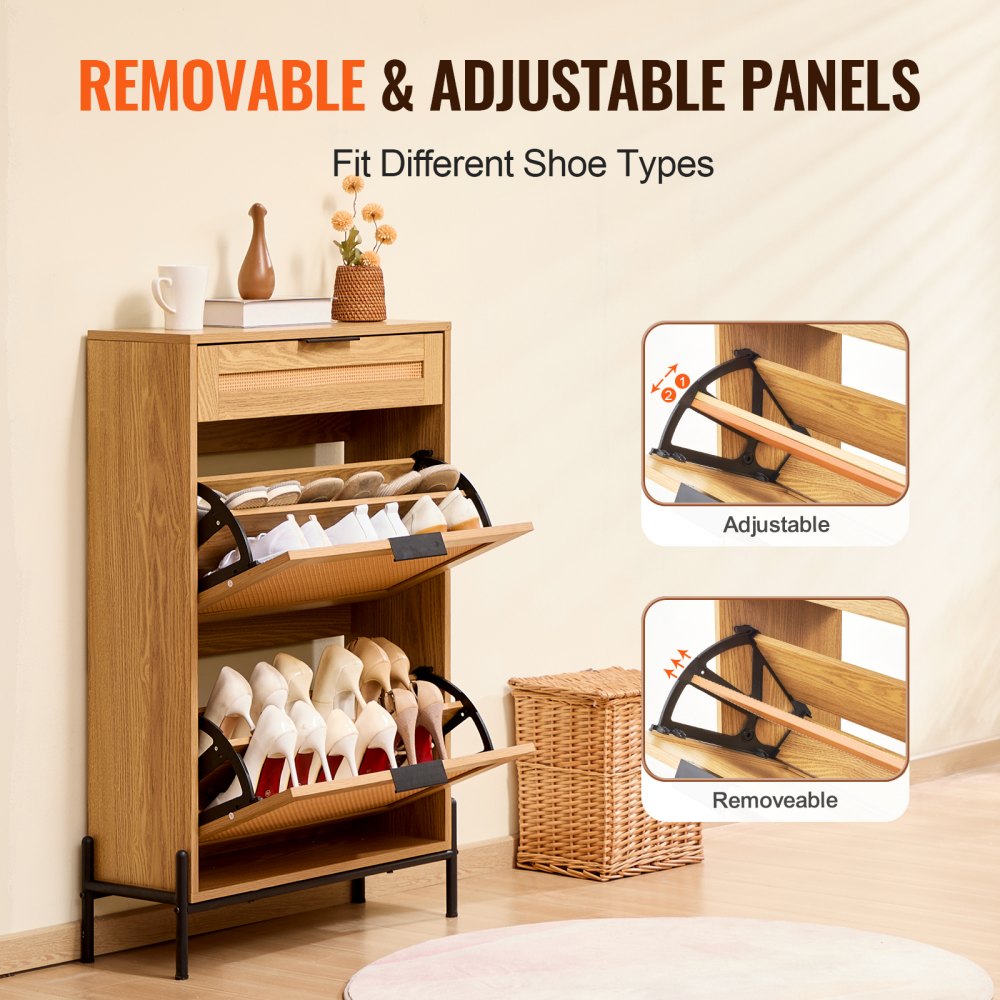 VEVOR Scarpiera in Rattan, 2 Cassetti in Rattan Ribaltabili 1 Cassetto Scorrevole, Organizzatore per Scarpe Stretto, Gambe in Metallo, Mobiletto per Ingresso Sottile per Ingresso, Colore Legno Chiaro