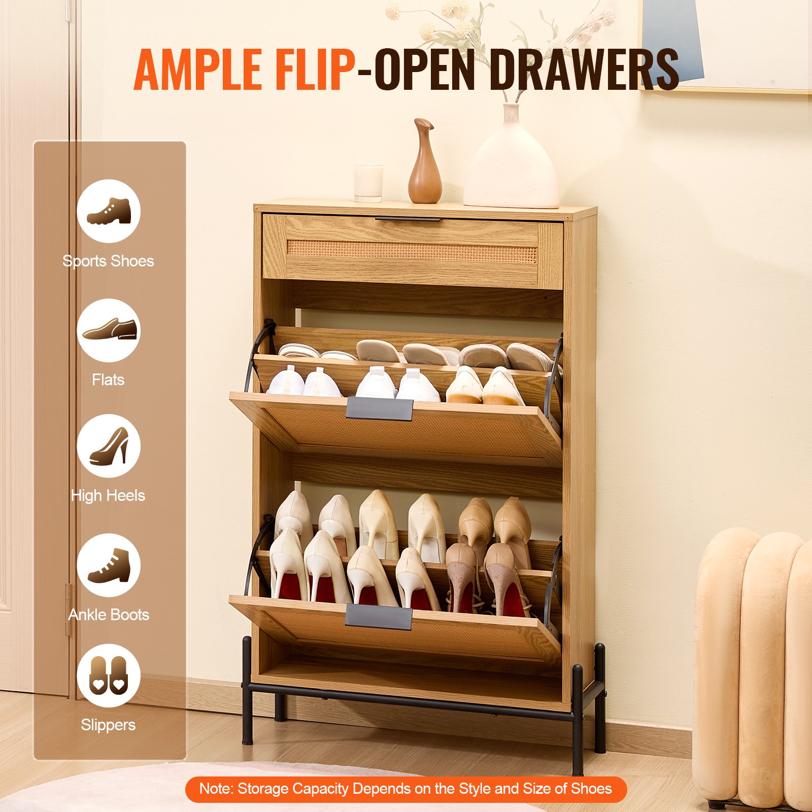 VEVOR Scarpiera in Rattan, 2 Cassetti in Rattan Ribaltabili 1 Cassetto Scorrevole, Organizzatore per Scarpe Stretto, Gambe in Metallo, Mobiletto per Ingresso Sottile per Ingresso, Colore Legno Chiaro