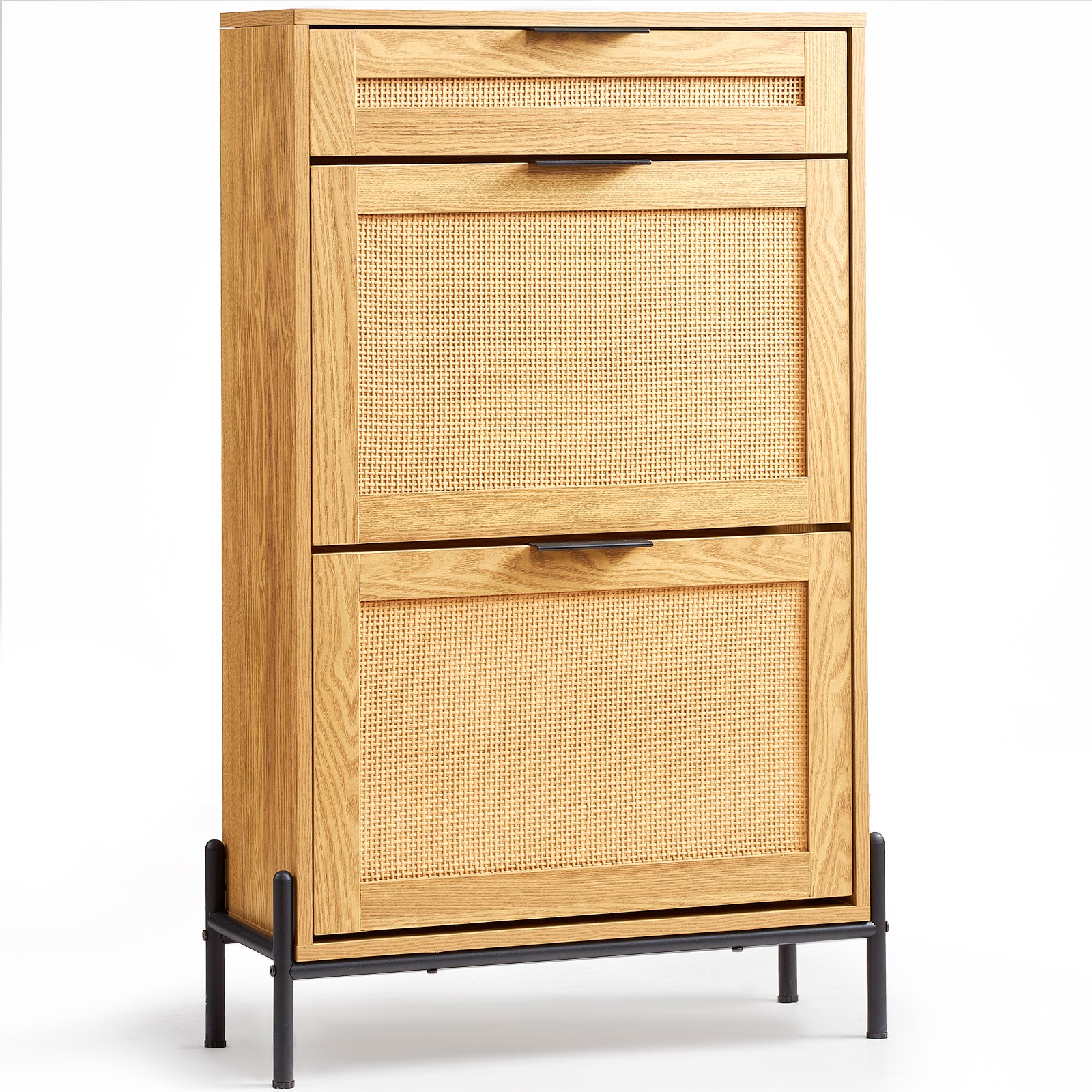 VEVOR Scarpiera in Rattan, 2 Cassetti in Rattan Ribaltabili 1 Cassetto Scorrevole, Organizzatore per Scarpe Stretto, Gambe in Metallo, Mobiletto per Ingresso Sottile per Ingresso, Colore Legno Chiaro
