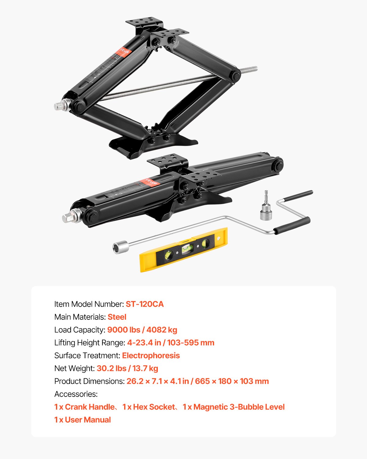 VEVOR 2 Pezzi Cric a Forbice, con Manovella, Base, Livella a Bolla d'Aria, Stabilizzatore Livellamento 103-595 mm, Cric Stabilizzatore per Sollevamento di Altezza Carico max. 4082 kg