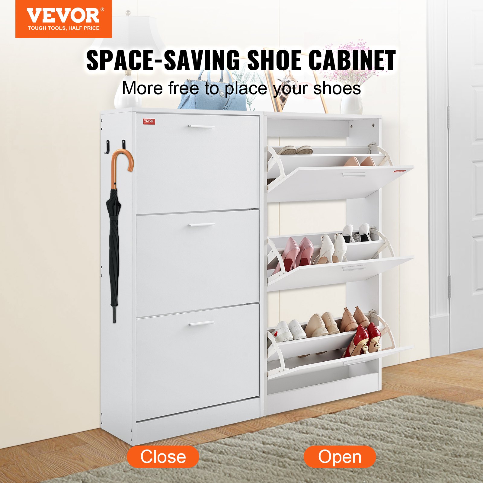 VEVOR Narrow Shoe Cabinet, White Shoe Rack, 600 x 237 x 1200 mm, Shoe Cabinet with 3 Drop-Down Doors + Top Storage Compartment, Shoe Chest with 45.35 kg Load Capacity, Solid Wood Shoe Storage Cabinet for Hallway
