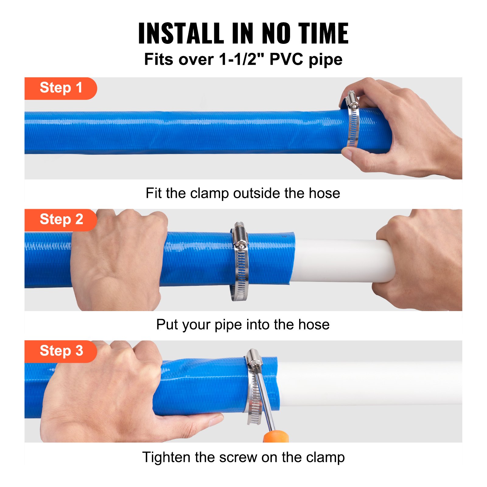 VEVOR Tubo per Controlavaggio, Lunghezza 15,24m Tubo Scarico in PVC Blu Pressione di Lavoro 58 PSI per Piscine, Morsetti, Compatibile con Pompe, Filtri a Sabbia, Scarico Acque Reflue di Piscine, Blu