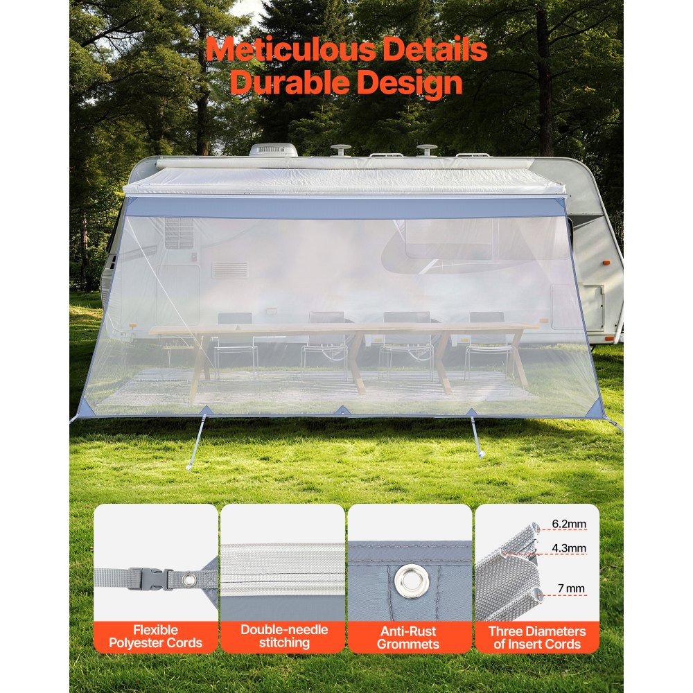 VEVOR Parete Frontale per Camper Roulotte 2 x 4,3 m, Pannello Laterale Frangisole in Poliestere Trasparente Compatibile per Tenda da Sole da 4,5 m, Parasole per Roulotte da Campeggio Viaggio Picnic
