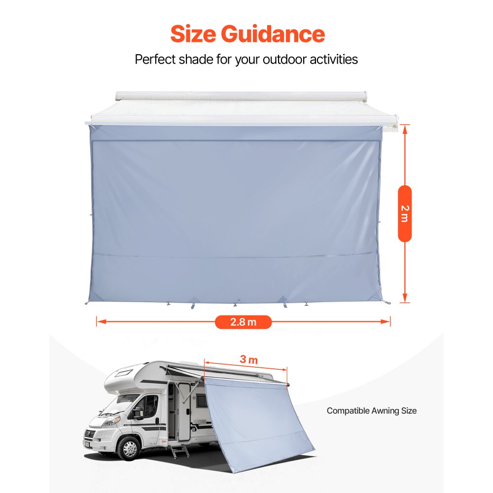 VEVOR Parete Frontale per Tenda da Sole per Camper 2 x 2,8 m, Pannello Laterale Frangisole in Poliestere Compatibile per Tenda da Sole da 3 m, Parasole UV50+ per Roulotte da Campeggio Viaggio Picnic