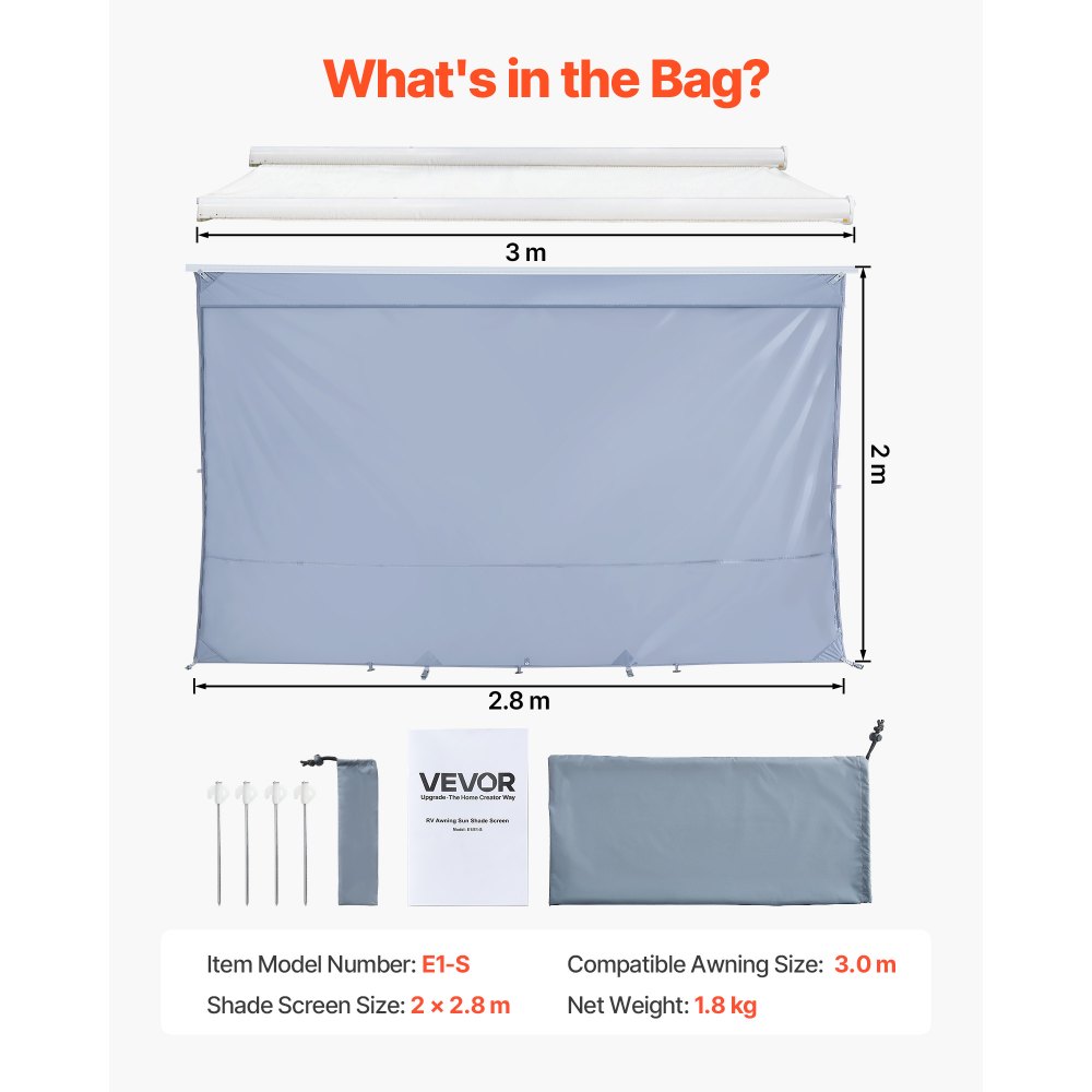 VEVOR Parete Frontale per Tenda da Sole per Camper 2 x 2,8 m, Pannello Laterale Frangisole in Poliestere Compatibile per Tenda da Sole da 3 m, Parasole UV50+ per Roulotte da Campeggio Viaggio Picnic