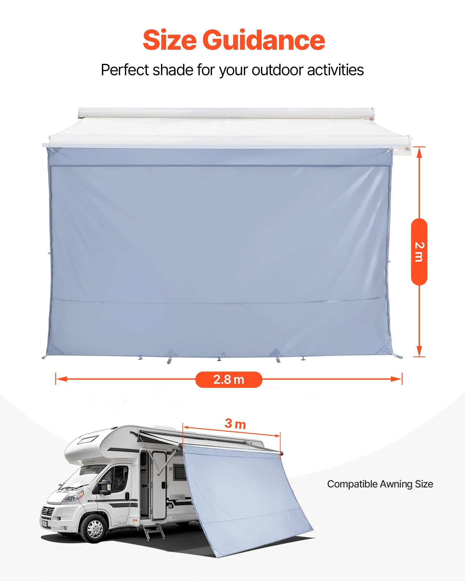 VEVOR Parete Frontale per Tenda da Sole per Camper 2 x 2,8 m, Pannello Laterale Frangisole in Poliestere Compatibile per Tenda da Sole da 3 m, Parasole UV50+ per Roulotte da Campeggio Viaggio Picnic