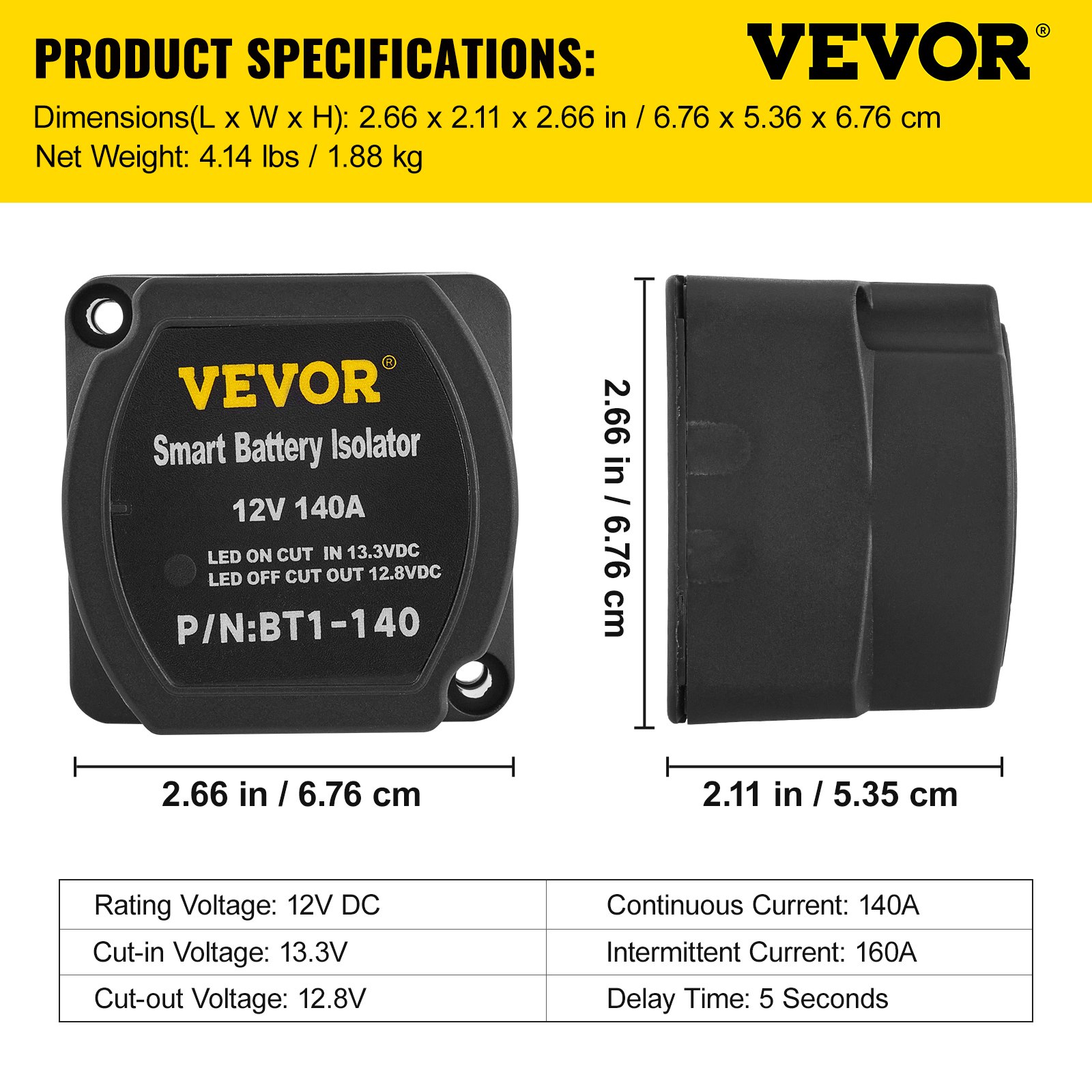 VEVOR Split Charge Kit Relè Batteria per Il Tempo Libero, JDQTJ-5M 12V CC Kit Relè di Carica con Cavo Batteria Rosso 110A per Veicoli Fuoristrada, Camper, Roulotte, Navi, Yacht, Applicazioni Marine