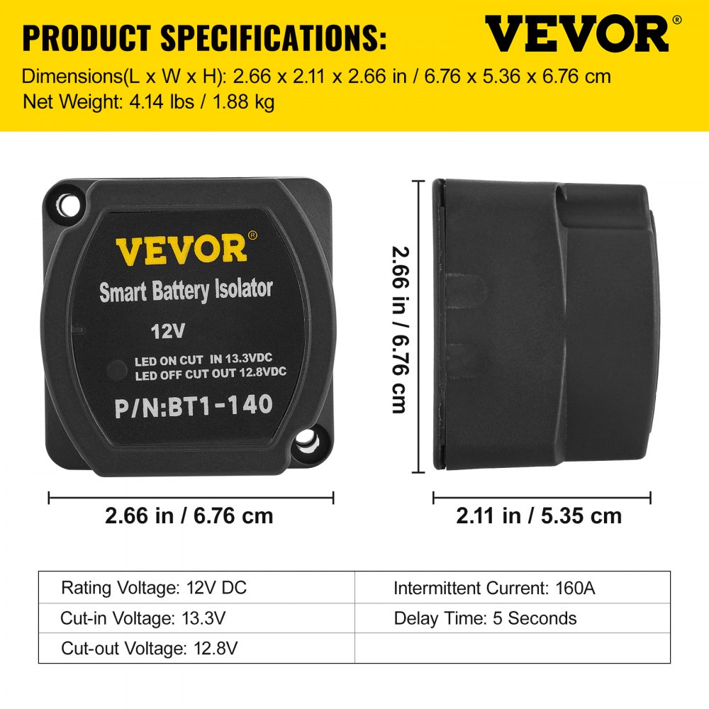 VEVOR Dual Battery Isolator Relay 12V Split Charge Kit, Voltage-Sensitive Relay Set -30-105℃, Automatic Charger & 4m Cable Set for Trucks, RVs, Workshops, Cars & Boats