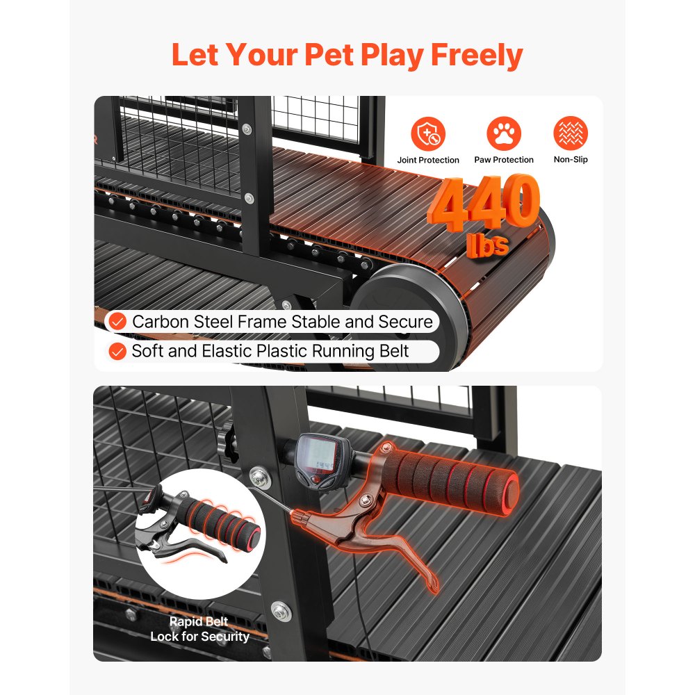 VEVOR Tapis Roulant per Cani di Taglia Grande Capacità Fino a 199,58 kg, Macchina da Corsa per Cani Interni, Altezza Pista di Corsa Inclinabile 11 cm, Freno a Mano, Esercizio Fisico in Forma Vita Sana