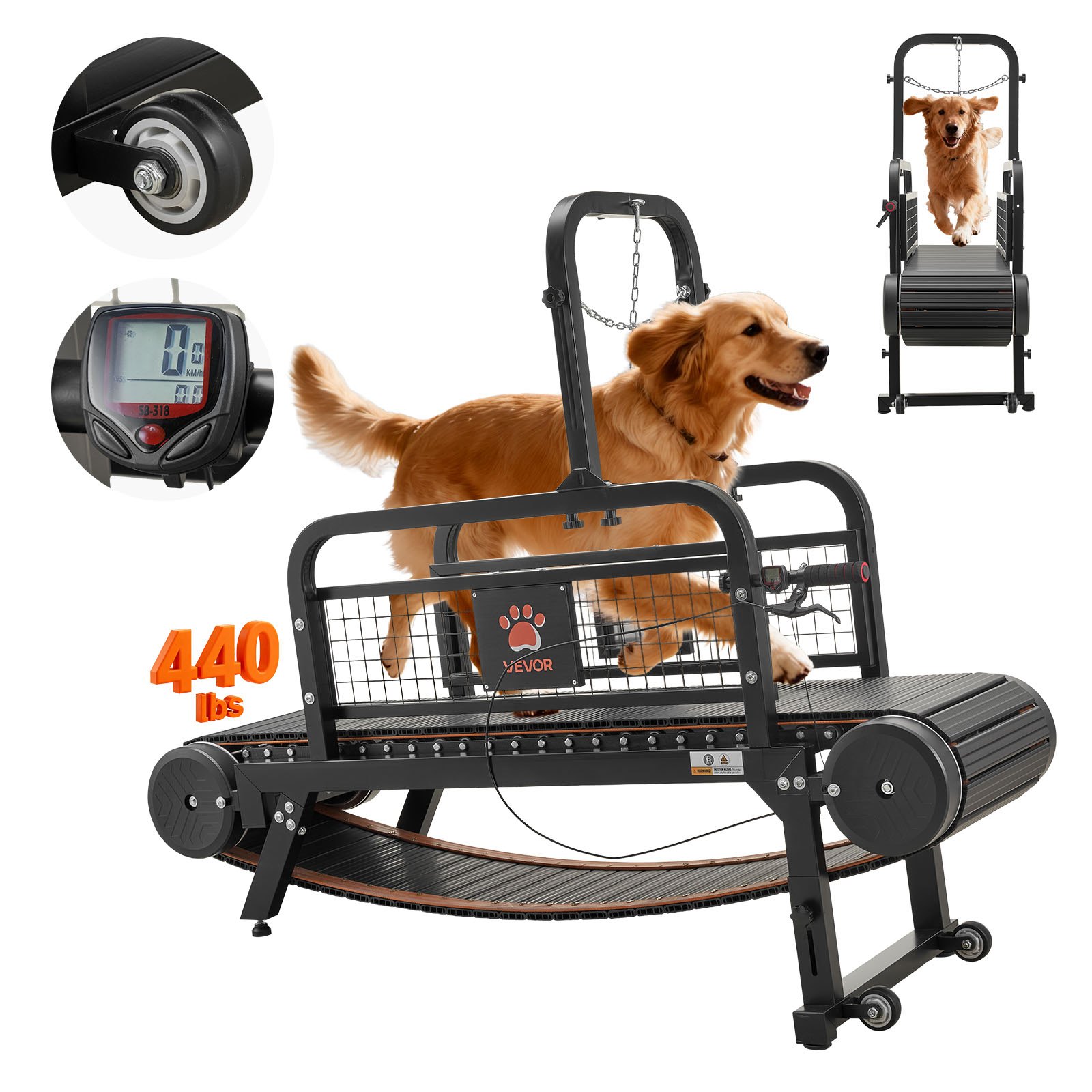 VEVOR Tapis Roulant per Cani di Taglia Grande Capacità Fino a 199,58 kg, Macchina da Corsa per Cani Interni, Altezza Pista di Corsa Inclinabile 11 cm, Freno a Mano, Esercizio Fisico in Forma Vita Sana