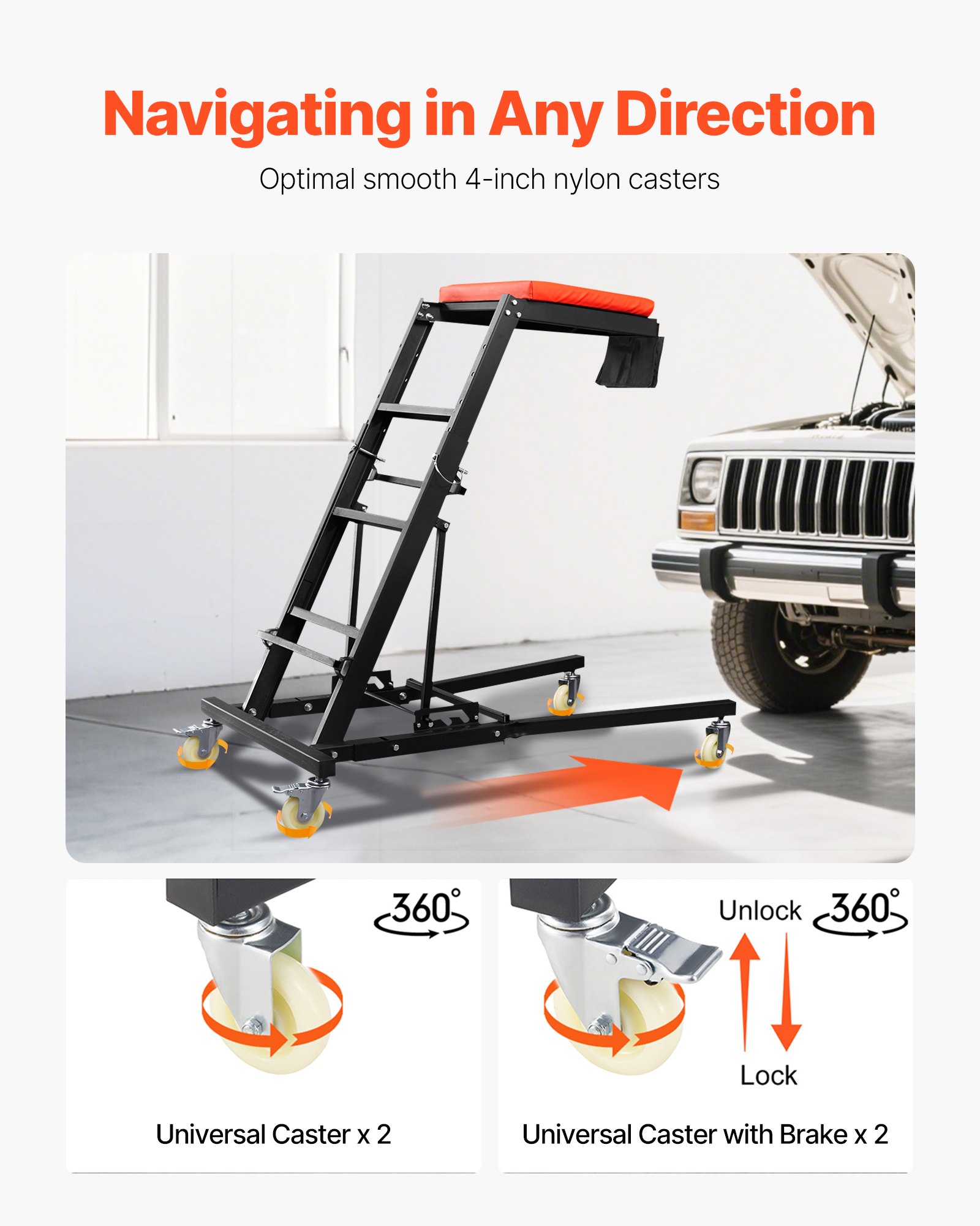 VEVOR Creeper Superiore per Riparazione Motore Automobili Altezza Regolabile 108-164,5cm, Creeper Capacità Carico max. 181kg 4 Ruote Piroettanti, Creeper Pieghevole Carichi Pesanti per Manutenzione