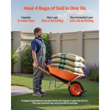 VEVOR Carrello Carriola, Carico 141,58 L Capacità 120 kg, Carrello Ribaltabile Giardino 1 Ruote, con Maniglia Ruote 4876 mm, Carrello Giardino, Carri Giardino Facile Caricamento per Prato all'Aperto