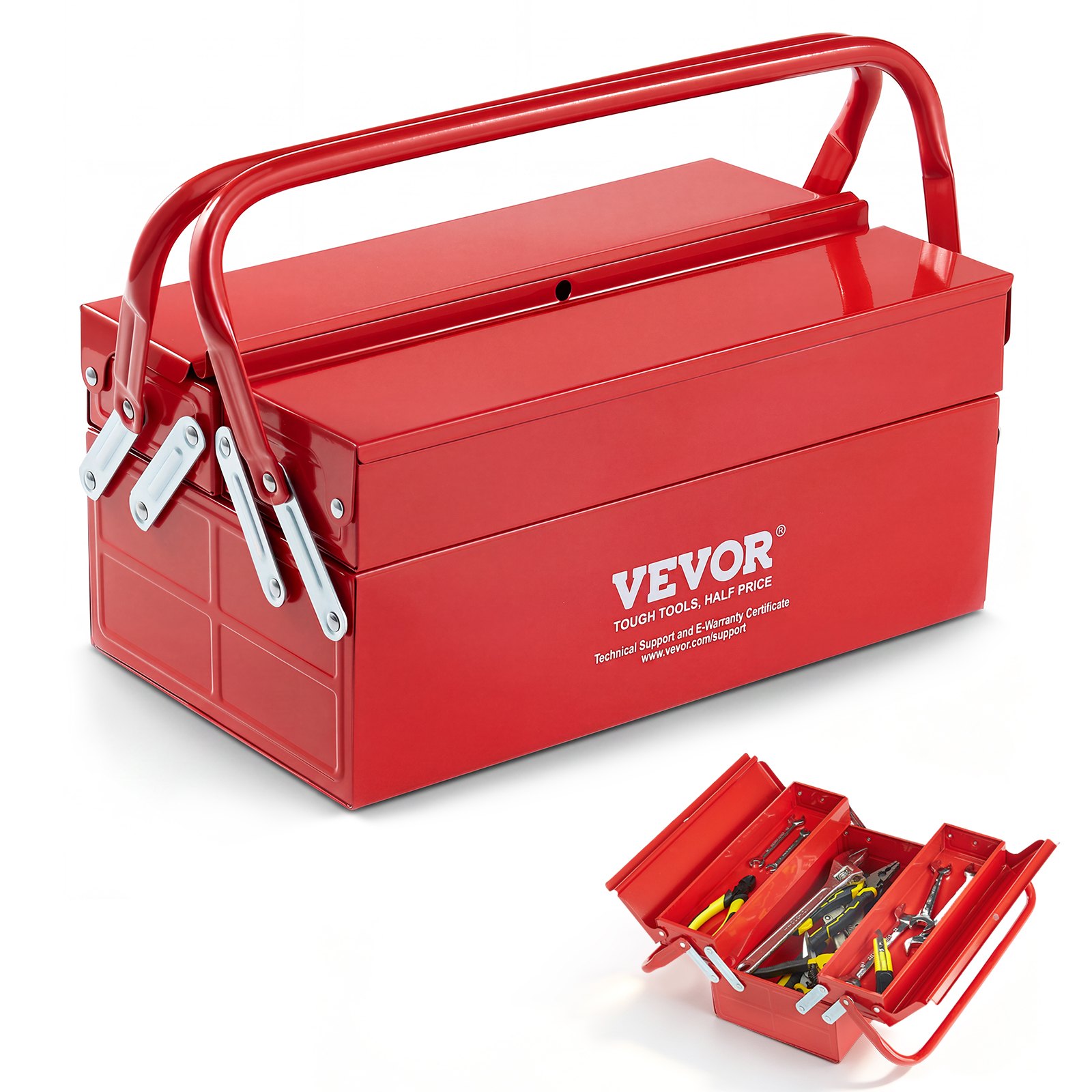 VEVOR Cassetta degli Attrezzi in Metallo 355,6 x 200 x 165 mm Organizzatore Portatile Pieghevole per Utensili, 2 Ripiani, 3 Vassoi con Maniglia e Foro per Serratura, Cassetta degli Attrezzi a Sbalzo