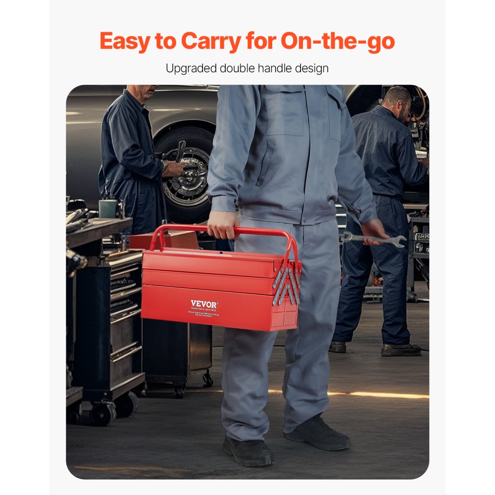 VEVOR Cassetta degli Attrezzi in Metallo 457,2 x 200 x 215 mm Organizzatore Portatile Pieghevole per Utensili, 3 Ripiani, 5 Vassoi con Maniglia e Foro per Serratura, Cassetta degli Attrezzi a Sbalzo