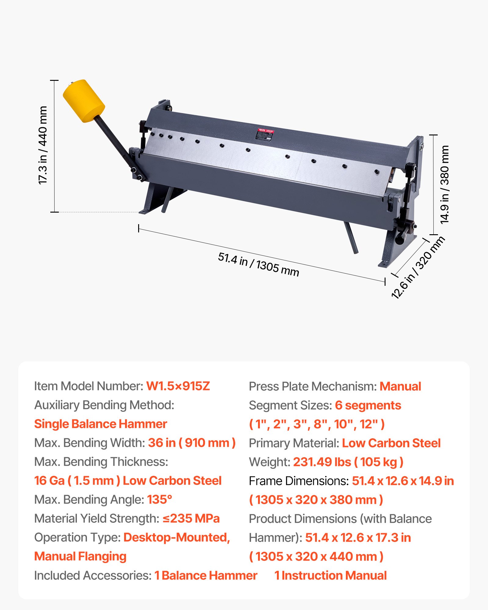 VEVOR Piegatrice per Lamiera e Vaschetta, Piegatrice per Lamiera da 610 mm, Capacità in Acciaio Dolce Calibro 16, Regolabile da 0 a 135 Gradi, per Metallo con 6 Dita, per Piegature Precise