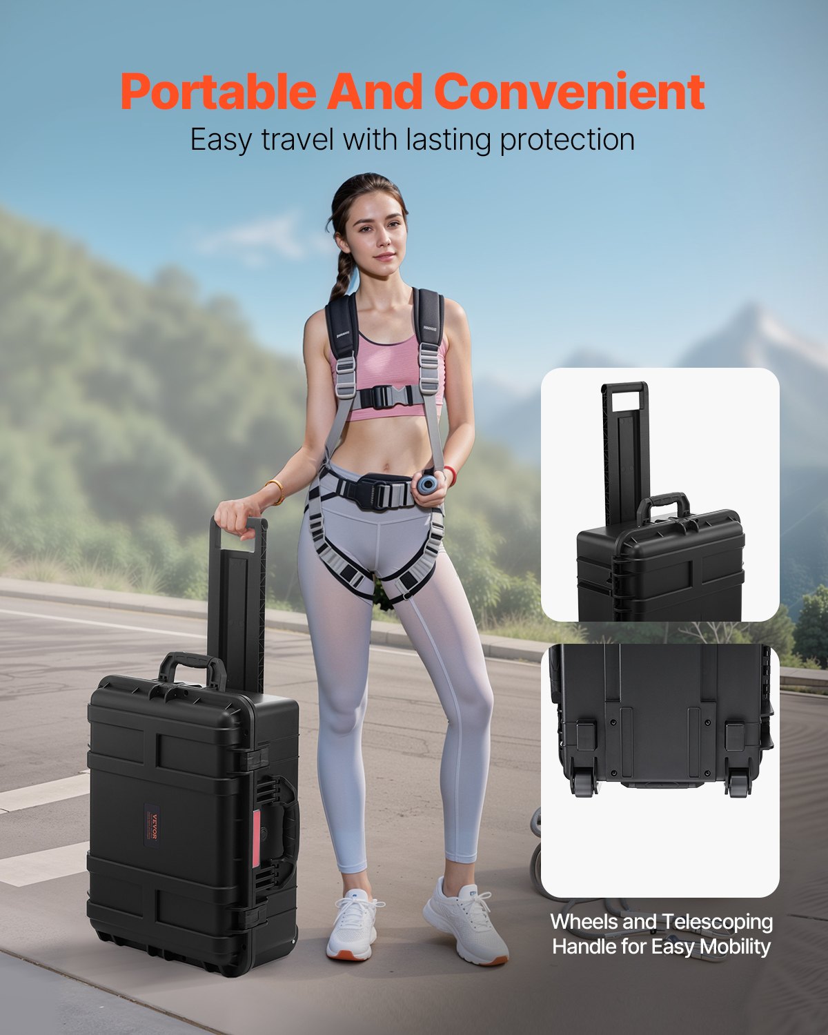 VEVOR Valigie Rigida Impermeabile 70,8 L, Custodia Protettiva Resistente alle Intemperie IP67 con 4 Clip, 4 Fori con Ruote Girevoli e Maniglia di Trazione Retrattile, per Lucchetto e Schiuma, Nero