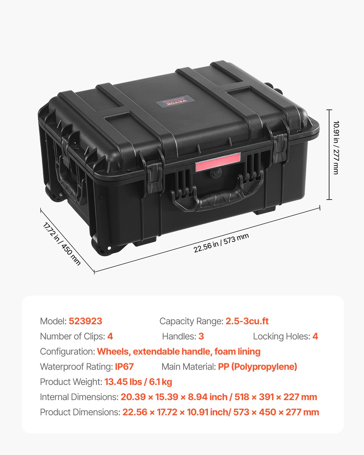 VEVOR Valigie Rigida Impermeabile 70,8 L, Custodia Protettiva Resistente alle Intemperie IP67 con 4 Clip, 4 Fori con Ruote Girevoli e Maniglia di Trazione Retrattile, per Lucchetto e Schiuma, Nero