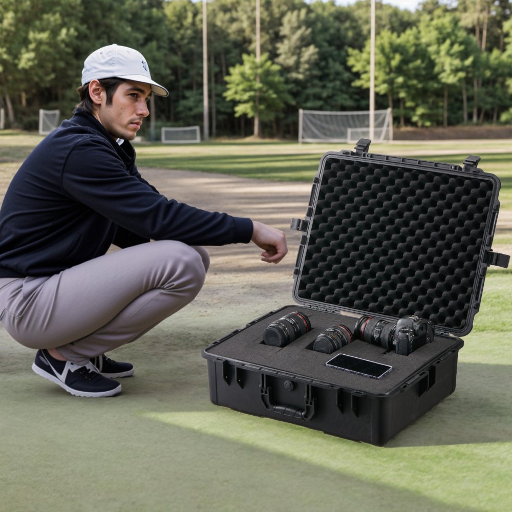 VEVOR Weatherproof Hard Case Dry Box with Pre-Cut Foam and Retractable Handles for Travel, IP67 Waterproof Camera Case Black (62 x 49 x 22.5 cm)