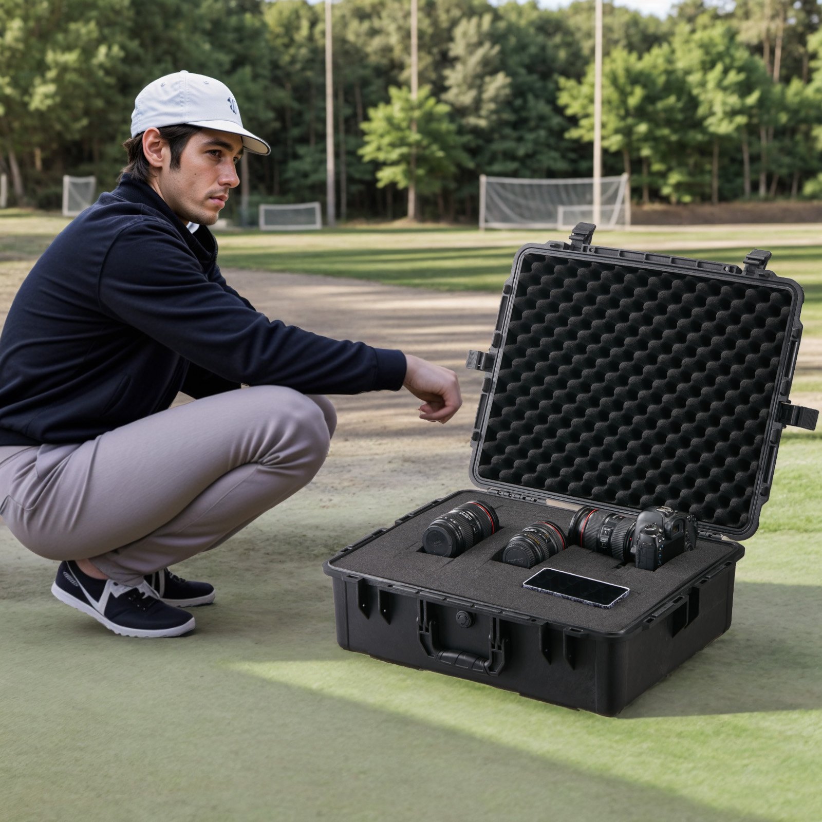 VEVOR Weatherproof Hard Case Dry Box with Pre-Cut Foam and Retractable Handles for Travel, IP67 Waterproof Camera Case Black (62 x 49 x 22.5 cm)