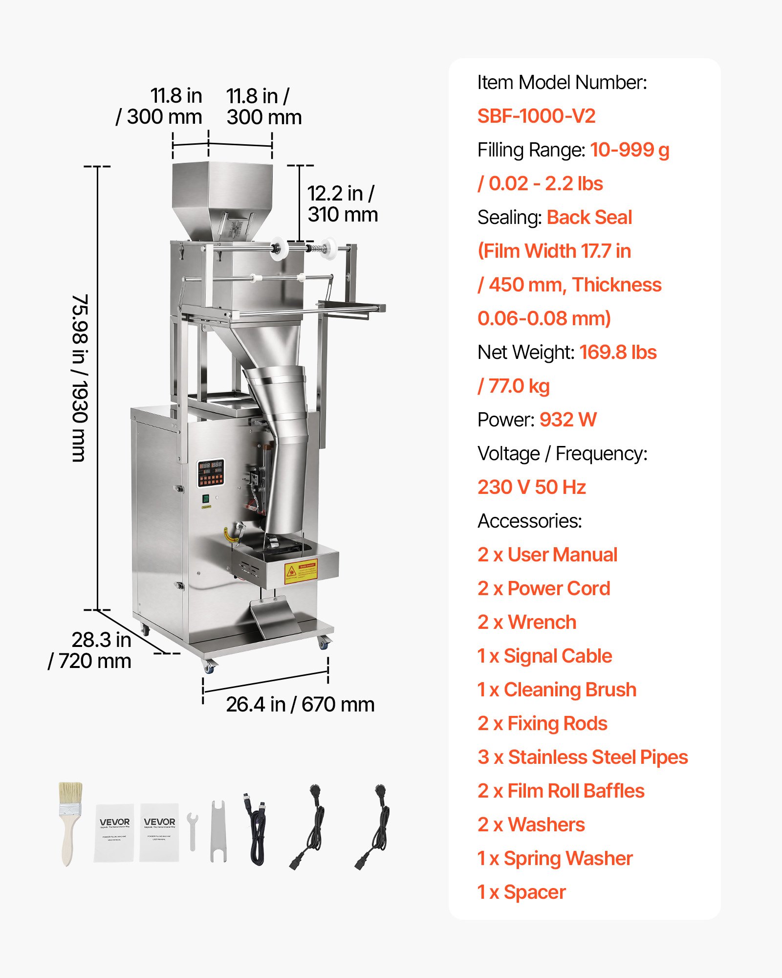 VEVOR Macchina Dosatrice e Sigillatrice per Polveri e Granuli, 10-999 g, Dosatore Automatica per Granuli, in Acciaio Inox, Pesatura e Sigillatura Intelligenti, per Caffè, Cereali e Spezie, Argento