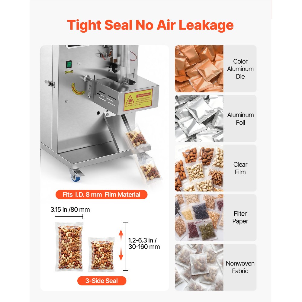 VEVOR Macchina Dosatrice e Sigillatrice per Polveri e Granuli, 1-99,9 g, Dosatore Automatica per Granuli, in Acciaio Inox, Pesatura e Sigillatura Intelligenti, per Caffè, Cereali e Tè, Argento