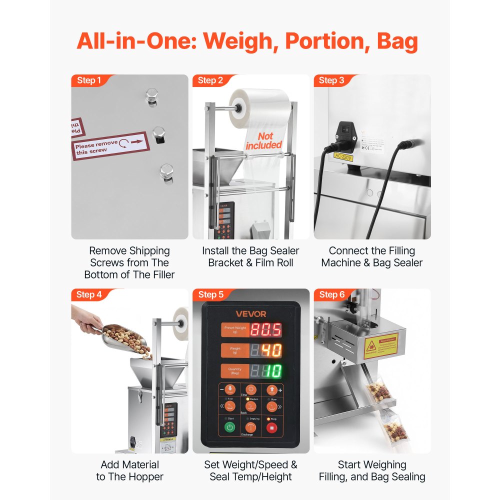 VEVOR Macchina Dosatrice e Sigillatrice per Polveri e Granuli, 1-99,9 g, Dosatore Automatica per Granuli, in Acciaio Inox, Pesatura e Sigillatura Intelligenti, per Caffè, Cereali e Tè, Argento