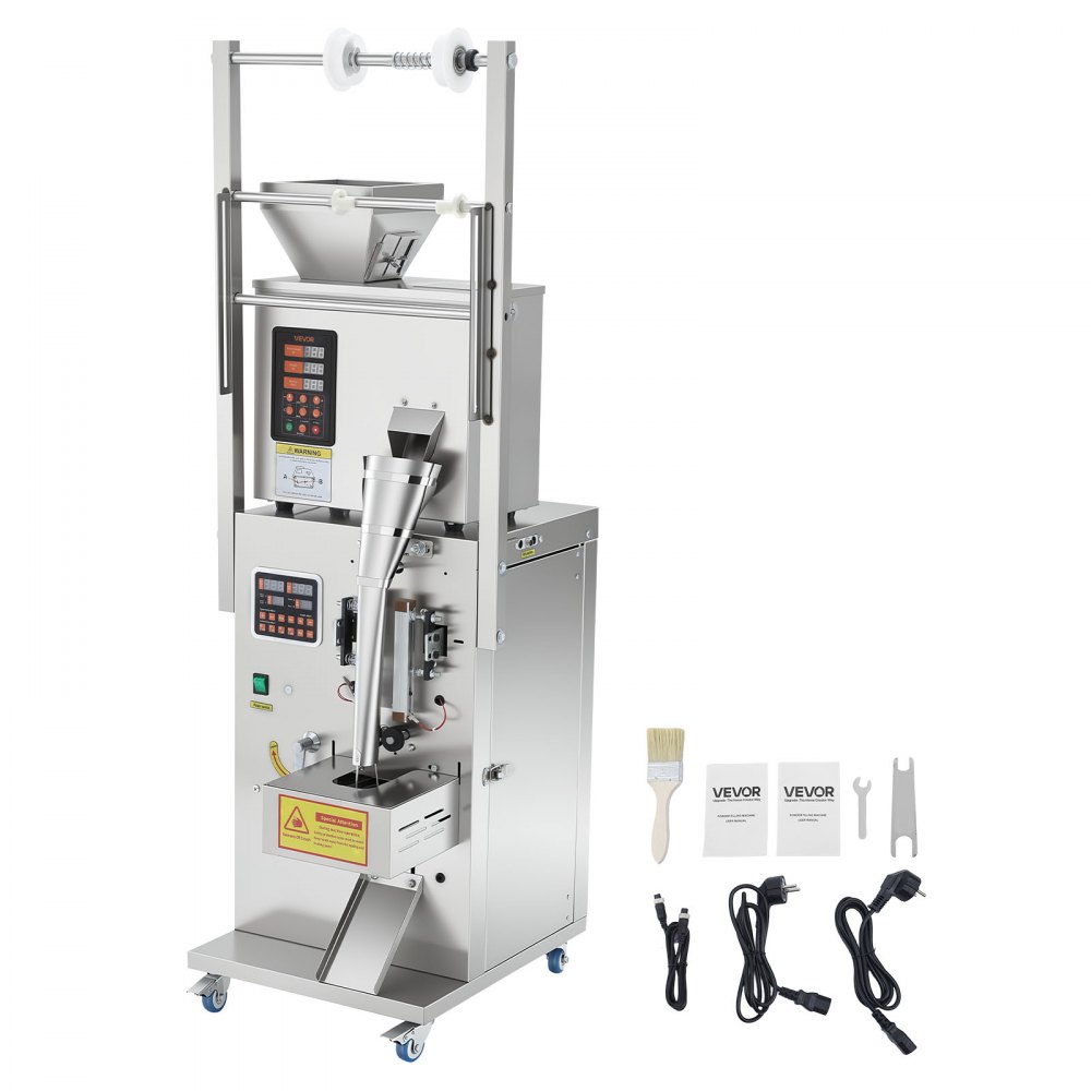 VEVOR Macchina Dosatrice e Sigillatrice per Polveri e Granuli, 1-99,9 g, Dosatore Automatica per Granuli, in Acciaio Inox, Pesatura e Sigillatura Intelligenti, per Caffè, Cereali e Tè, Argento